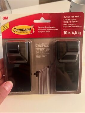 Command 10 lb Matte Black Curtain Rod Hooks - 2 Pack